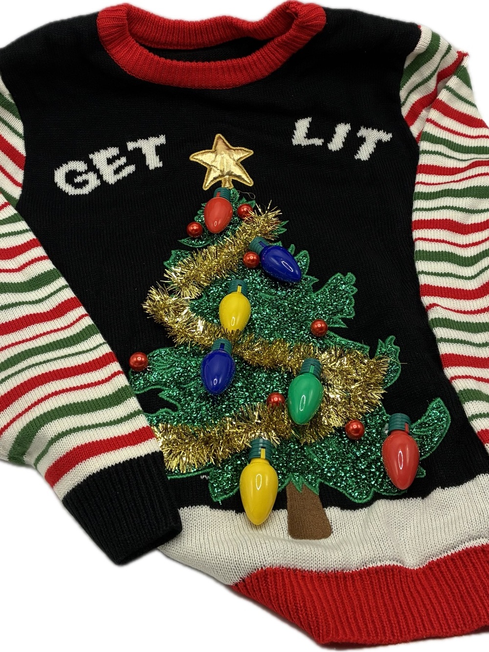 Adult Ugly Christmas Sweater “Get Lit' Christmas Tree Light-Up Sweater Size L